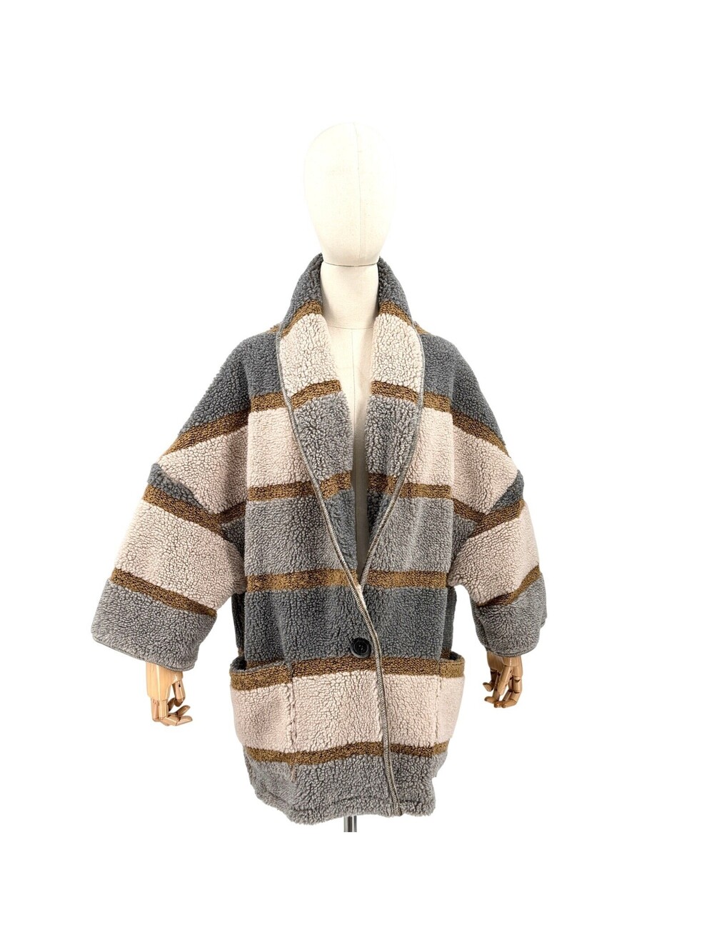 en THREAD Gray Tan Striped Oversized Cocoon Duffel Coat